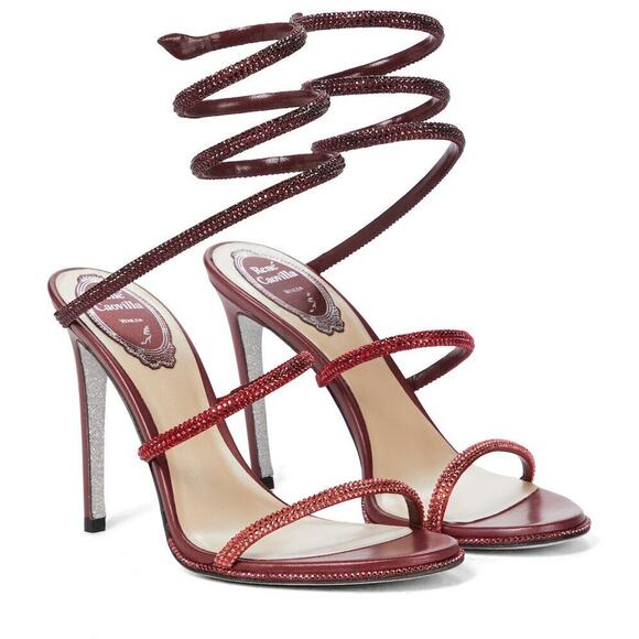 Rene Caovilla Cleo Bordeaux Red Strass Strappy Ankle Wrap Sandal Heel Pump 36.5 - Picture 2 of 12